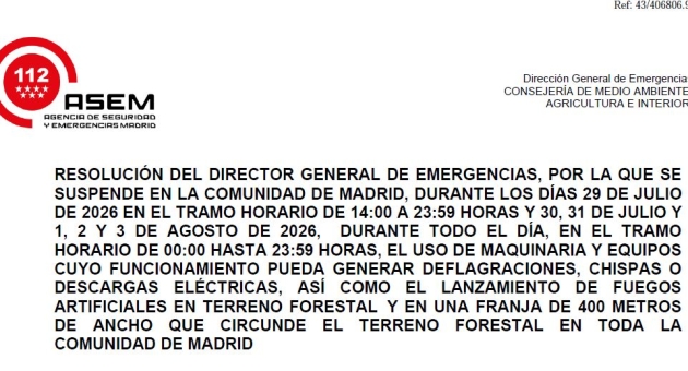 Resolución del D.G. de emergencias por la que se suspende el uso de maquinaria, uso de fuego y fuegos artificiales, del 29 de julio al 3 de agosto de 2026